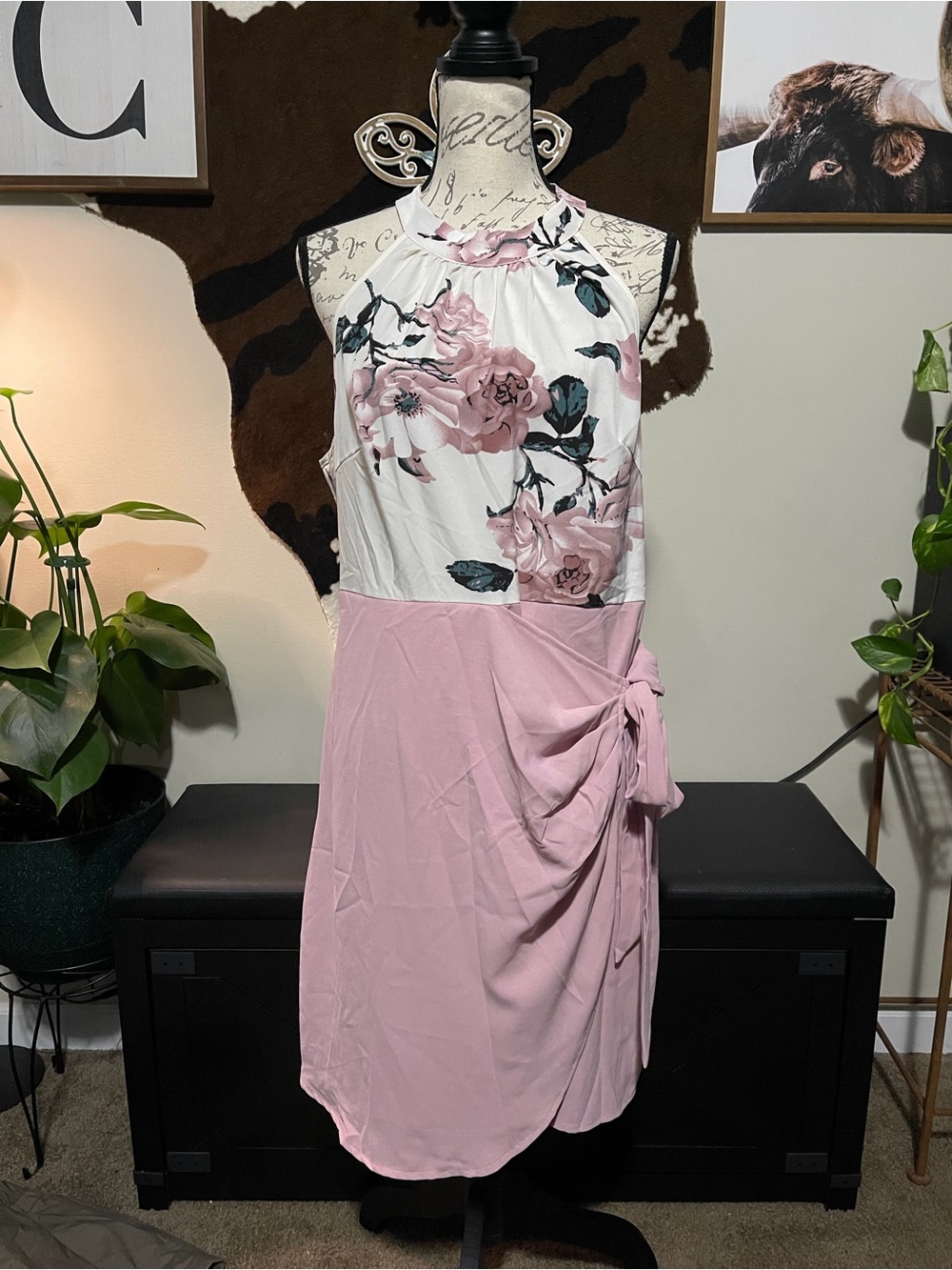 SHEIN Pink & White Floral Halter Midi Dress
